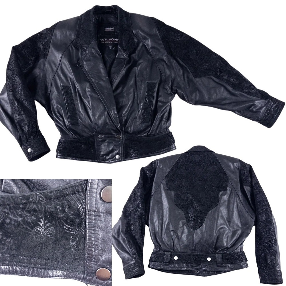 Wilsons Leather Cropped Bomber Jacket Women M Black Thinsulate Vintage 80s 90s